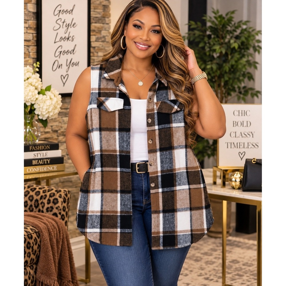 SHEIN Curve Plaid Button‎ Down Shacket Vest Brown Black 2XL